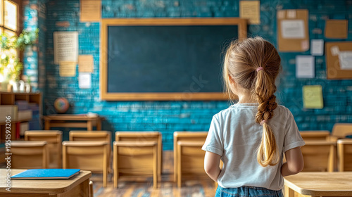 Small child, seen from behind, with long blonde braid, stands quietly in empty classroom, gazing towards vast blackboard, embodying readiness for education and new knowledge.