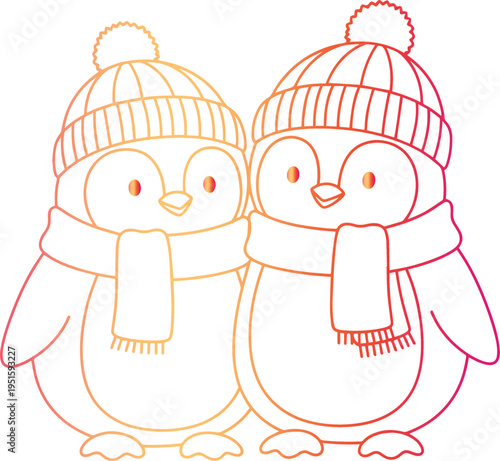 Two cute penguins wearing colorful winter hats and scarves standing together