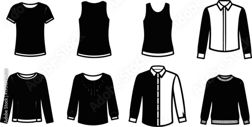 Collection of eight black and white illustrations of various tops