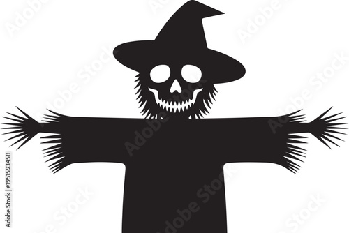 Black silhouette scarecrow with skull face and witch hat
