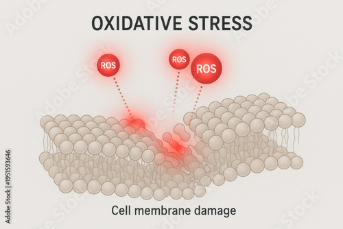 Scientific illustration of oxidative stress showing cell membrane damage. Reactive oxygen species and free radicals cause aging, major health concern in biology