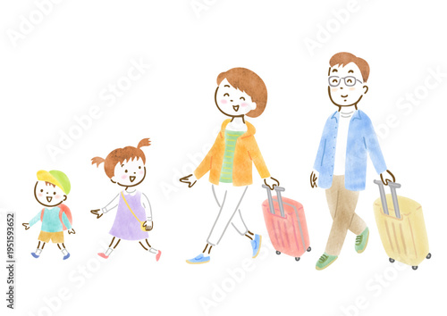 旅行に出かける家族４人のイラスト