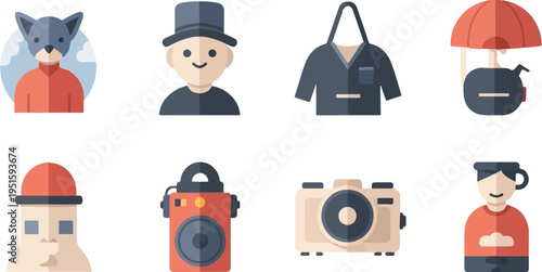 Collection of diverse flat icon style illustrations of people and objects