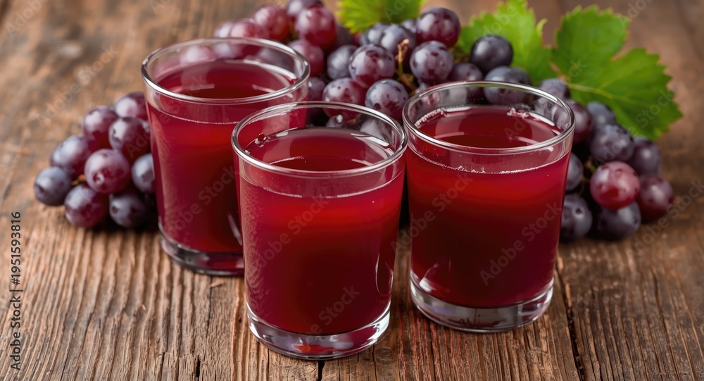 Obraz premium Freshly poured grape juice in glass cups presented with ripe grapes on a rustic wooden textured background showcasing natural vibrant shades