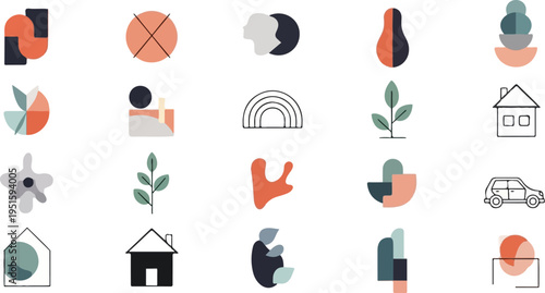 Collection of abstract shapes, plants, houses, and a car in a minimalist style