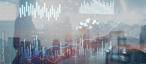 Financial data visualization with rising charts and business performance metrics