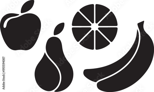 Black silhouettes of apple pear orange and banana fruit
