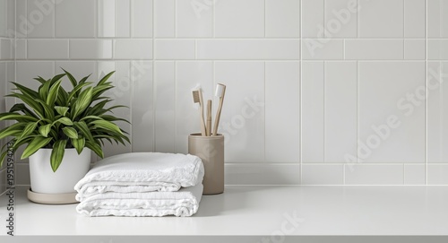 Bathroom counter with white...