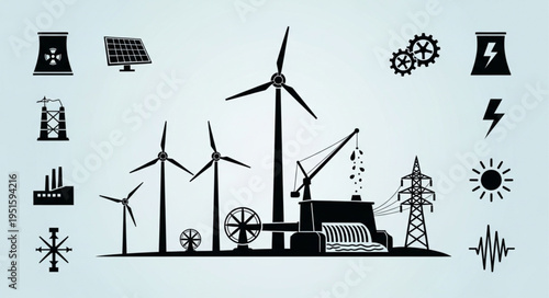 Diverse Energy Sources - A Silhouette Illustration of Power Generation.