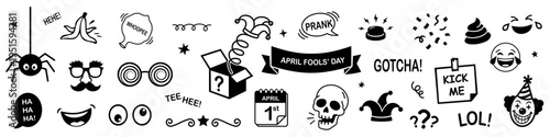 April Fools Day vector illustration design elements collection.  playful joke symbols and cartoon illustrations for humor brand identity, comedy event posters and seasonal holiday marketing campaigns