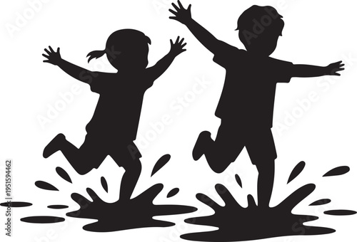 Black silhouettes of children jumping in puddle kids