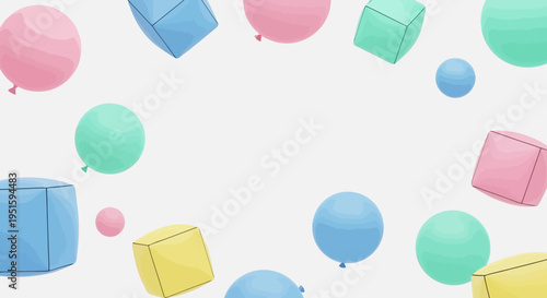 Colorful rounded spheres and cube shapes floating against a plain white backdrop with open space suitable for a clean modern design