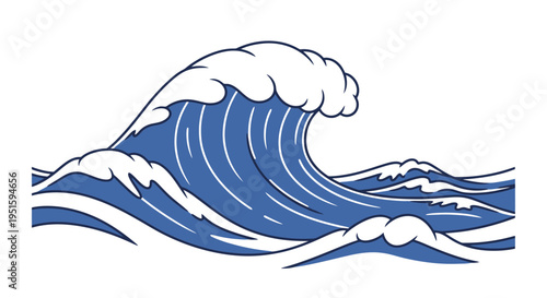 Stylized Illustration Depicting a Cresting Ocean Wave with White Foam and Blue Water Suitable for Commercial Applications and Various Creative