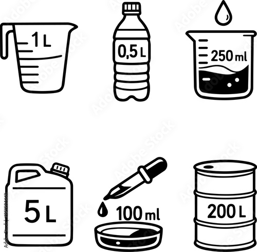 Liquid measurement volume units containers line icons
