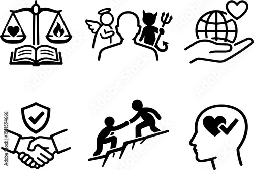 The Concept of Good and Evil. Line Art Icons of Morality. Vector