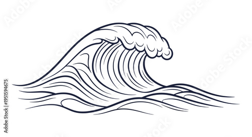 Coastal depiction of a large ocean wave cresting showing form power and movement with detailed flowing lines Simple elegant and monochromatic
