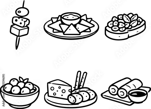 Appetizers snacks food dishes meal line icons