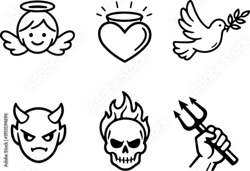 Angel devil religion heaven hell line icons