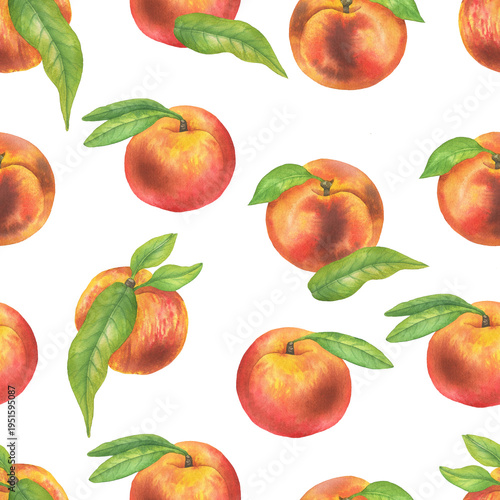 Seamless pattern of peaches and green leaves white