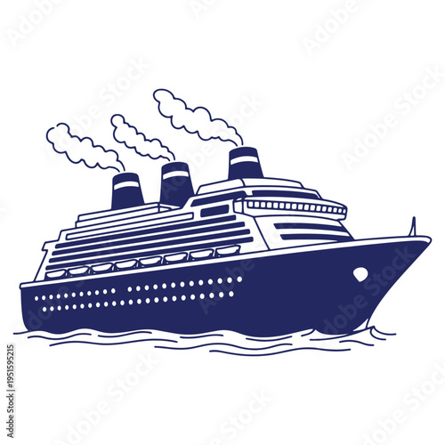 Cruise ship sailing on water with smoke coming out from chimneys creating a captivating maritime scene in monochromatic design