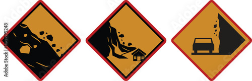 Falling rocks warning sign icon set collection group, landslide danger symbols, road hazard caution signs, rockfall alert vector icons for traffic safety and construction design.
