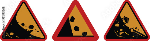 Falling rocks warning sign icon set collection group, landslide danger symbols, road hazard caution signs, rockfall alert vector icons for traffic safety and construction design.