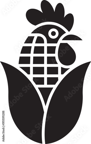 Creative black silhouette of rooster head on corn cob, agriculture and food concept, transparent background