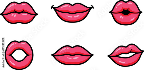 cartoon lips icon set, vector collection of female mouth expressions with lipstick kiss and smile isolated on transparent background