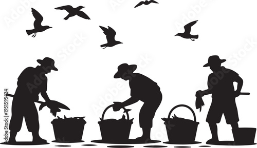 Black silhouettes of fishermen with buckets and seagulls