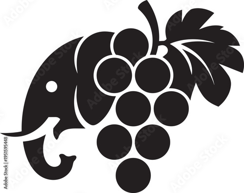 Elephant head and grape bunch fusion vector logo design representing organic fruit produce and majestic nature animal silhouette