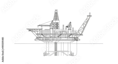 Detailed illustration of an offshore oil rig platform in the ocean, showing its structure.