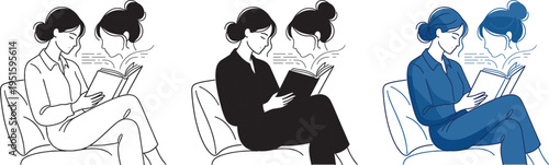 woman reading book illustration, vector female reader sitting in chair with book for education learning and leisure isolated on transparent background