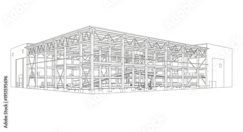 Architectural structure sketch with intricate details and complex design, building facade.