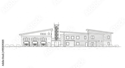Detailed architectural drawing of a modern fire station with multiple bays and a tall tower.
