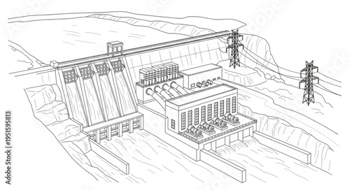 Detailed architectural illustration of a hydroelectric dam and power station.