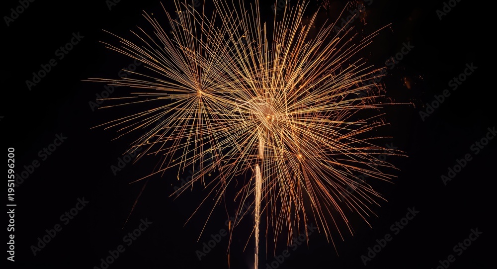 Obraz premium Glowing golden fireworks set against deep night sky for a festive New Year greeting