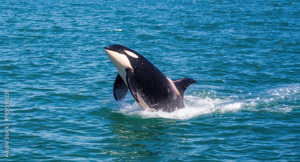 Obraz premium Joyful orca whale breaching brightly lit green sea on a clear sunny summer day