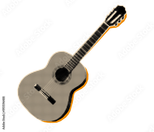 Halftone cutout collage of an acoustic classical guitar in a retro pop art sticker style.
