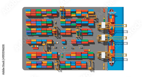 Modern Container Port: Overhead View of Ships, Cranes & Stacked Cargo. Global Logistics, International Shipping & Supply Chain.