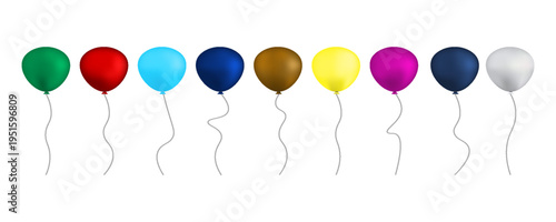 Balloon in cartoon style. Bunch of balloons for birthday and party. Flying ballon with rope. Blue, red, yellow and green ball isolated on white background. Flat icon for celebrate and carnival.