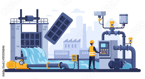 Industrial Water Treatment & Management System: Engineer Operating Control Panel for Flow, Pumps, and Filtration Processes