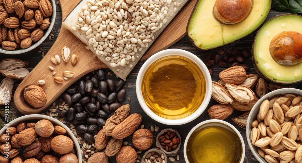 Naklejka premium Omega 3 rich superfoods like nuts seeds fish oils and avocados