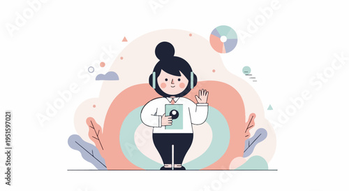 Cheerful person with headphones and tablet waves hello, abstract background