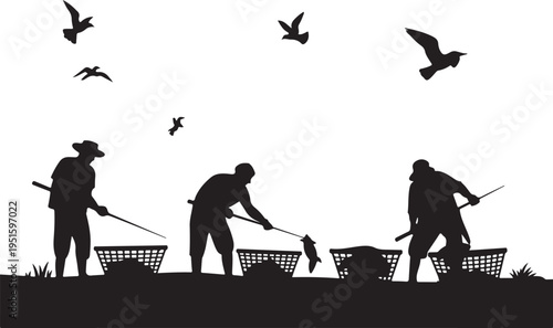 Black silhouettes of people fishing with baskets and birds flying