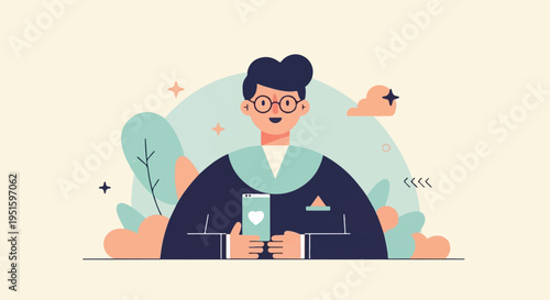 Cheerful person with glasses holds phone showing heart, surrounded by nature