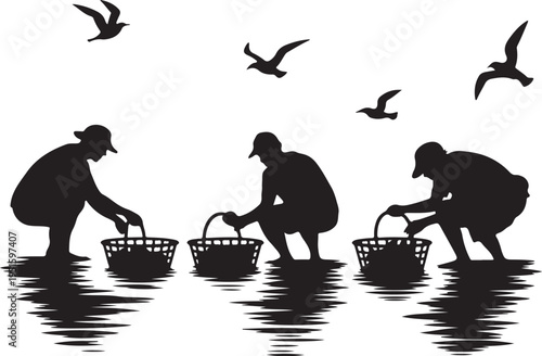 Black silhouettes of people picking up baskets in water with