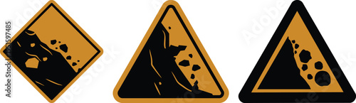 Falling rocks warning sign icon set collection group, landslide danger symbols, road hazard caution signs, rockfall alert vector icons for traffic safety and construction design.