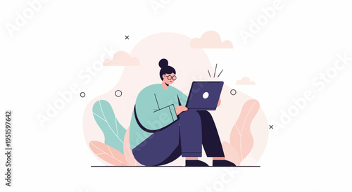 Cheerful person with glasses and bun sits outdoors using laptop