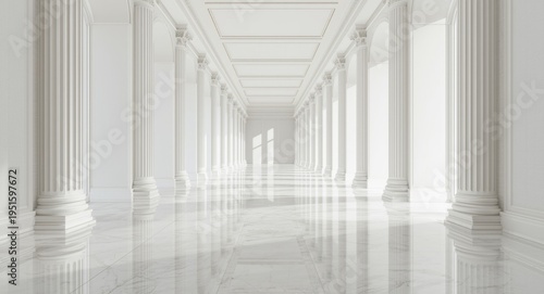 refined grand corridor lined with white walls and symmetrical columns