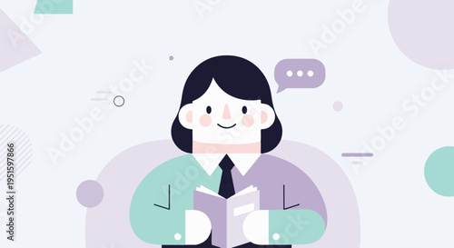 Cheerful person with dark hair reading a book with a speech bubble